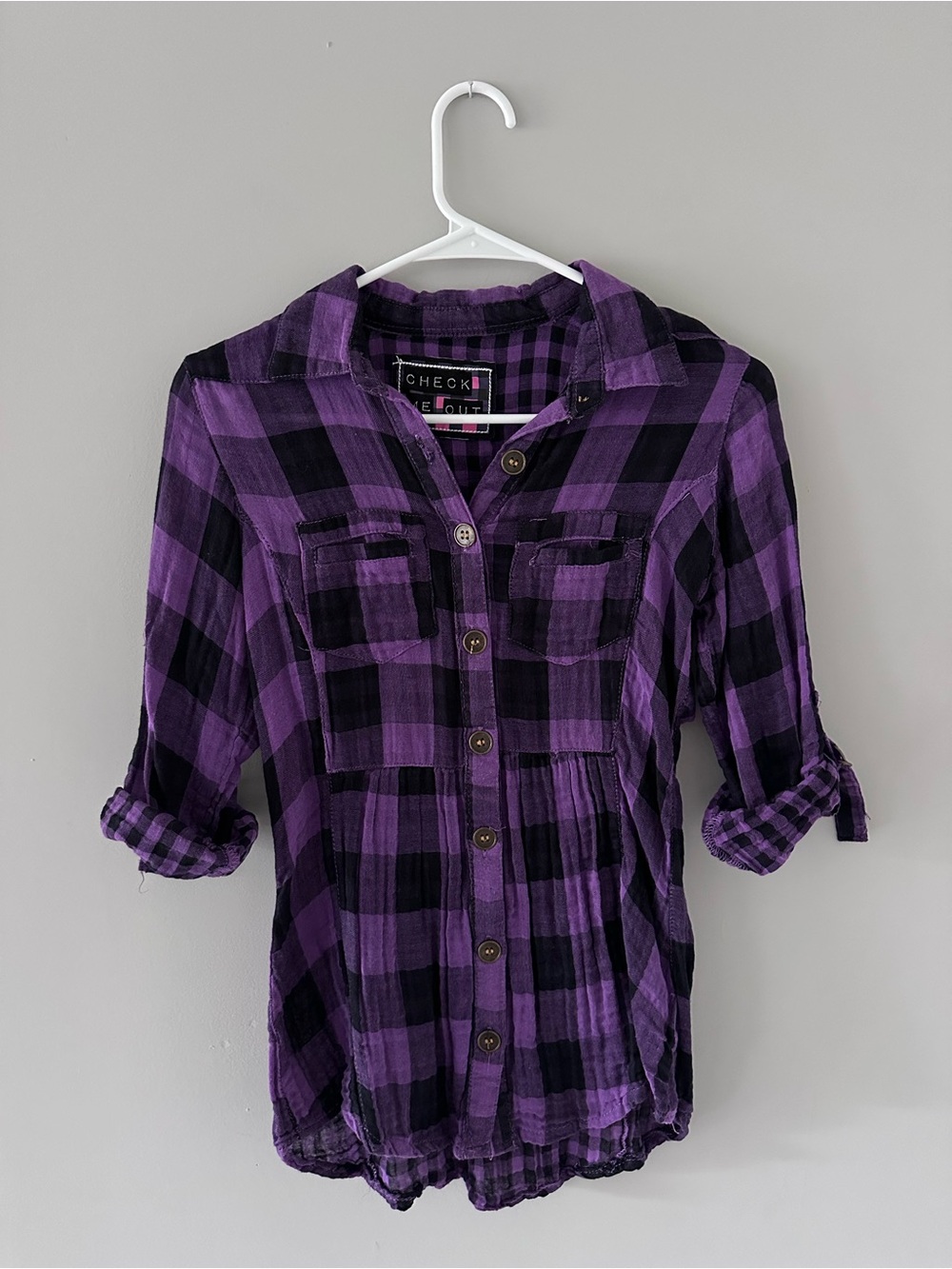 Cotton Purple and Black Plaid Button-Up Shirt